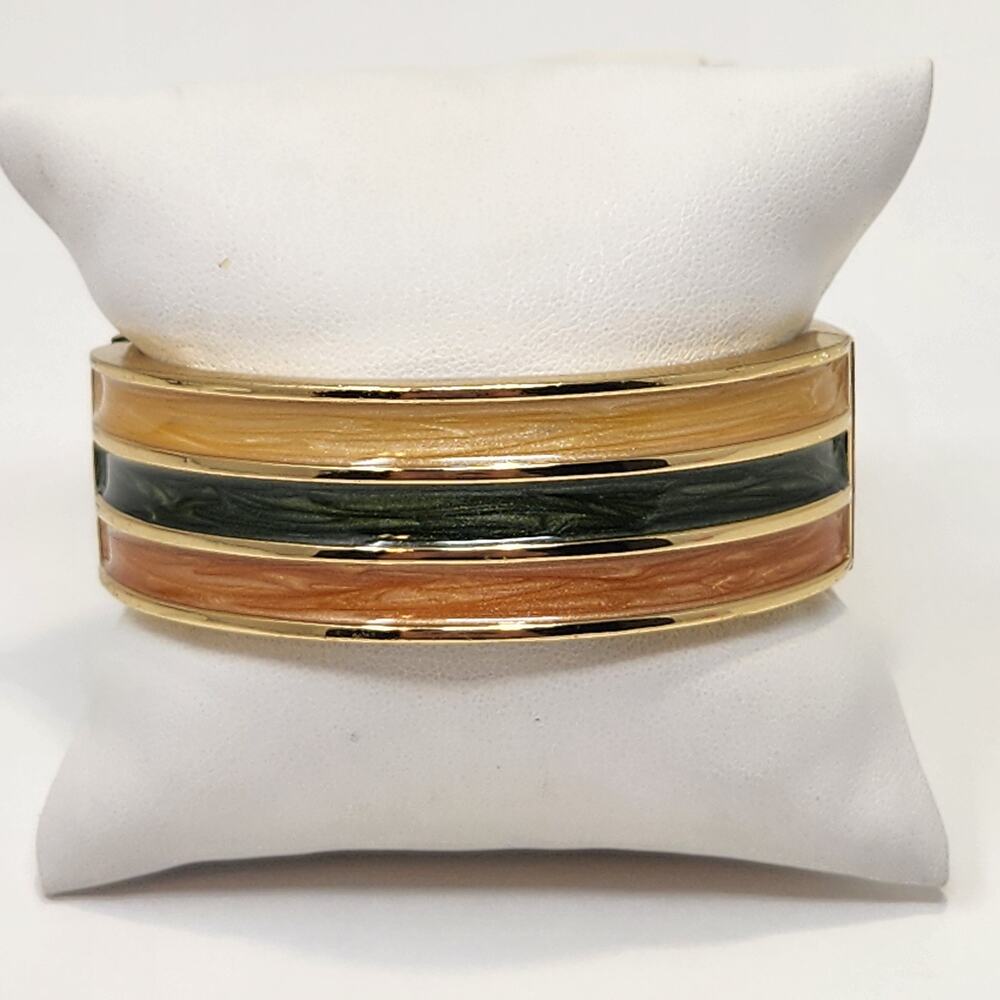Gold Tone Wide Clamper Hinge Cuff Bracelet Cream Green Orange Shimmer Enamel
